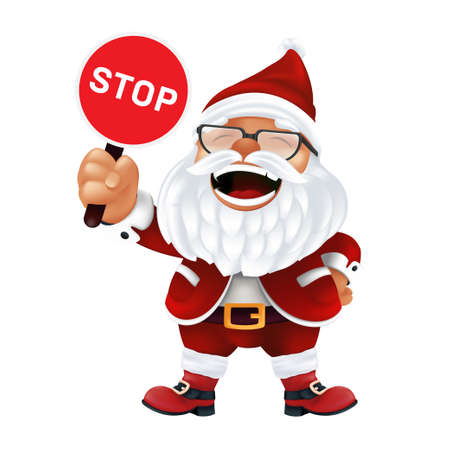 Funny cartoon Santa Claus in a red hat and glasses. Laughing and smiling Christmas character in traditional costume holding and showing a stop sign isolated on a white backgroundのイラスト素材
