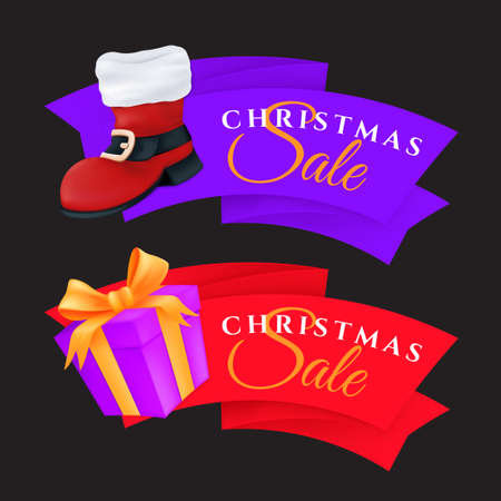Christmas sale labels set with gift box and red Santa's boot. Vector illustration of colorful festive tags or special offer banners isolated on a dark backgroundのイラスト素材