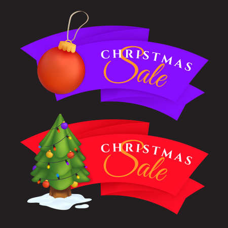 Christmas sale labels set with decorated evergreen tree and red decoration ball. Vector illustration of colorful festive tags or special offer banners isolated on a dark backgroundのイラスト素材