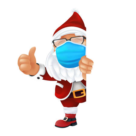 Funny cartoon Santa Claus wearing a surgical protective face mask. Laughing and smiling Christmas character in traditional costume peeking from the corner and thumbs up isolated on a white backgroundのイラスト素材