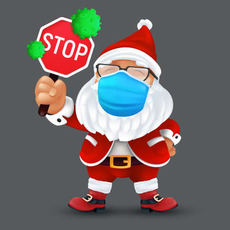 Cute Santa Claus wearing a surgical protective face mask and holding a stop sign with green virus cells. Vector illustration of a cute Christmas character in a traditional red costumeのイラスト素材