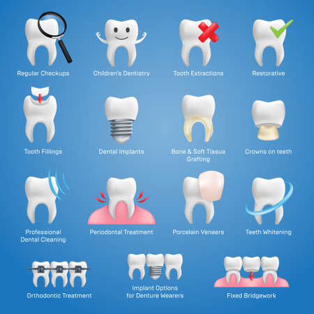 Dental icons vector set with different elements for various website services - dentistry, restorative, implants, porcelain veneers, orthodontic treatment, denture wearers, bridgework, cleaning, etc.のイラスト素材