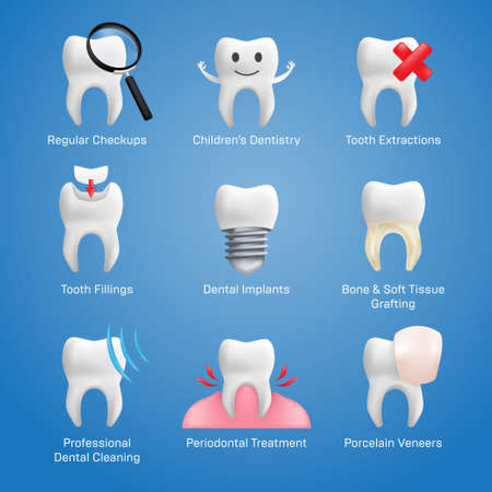 Dental icons vector set with different elements for various website services - dentistry, restorative, implants, porcelain veneers, orthodontic treatment, denture wearers, bridgework, cleaning, etc.のイラスト素材