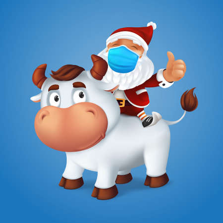 Funny silver Ox animal symbol of the year in the Chinese zodiac calendar with Santa Claus on his back wearing a surgical protective face mask. Cartoon vector illustration of Christmas charactersのイラスト素材