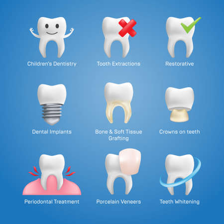 Dental icons vector set with different elements for various website services - dentistry, restorative, implants, porcelain veneers, orthodontic treatment, denture wearers, bridgework, cleaning, etc.のイラスト素材