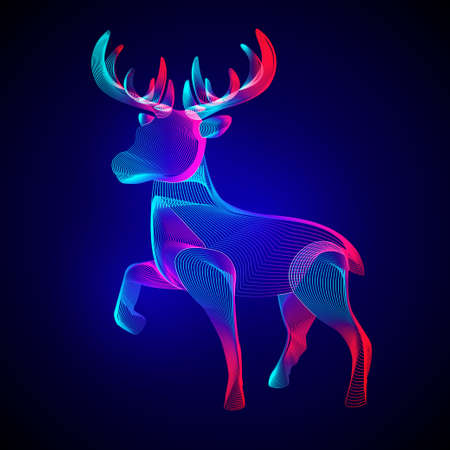 Christmas reindeer. Stylized silhouette of standing horned deer. Outline vector illustration of a wild animal in 3d line art style on neon abstract backgroundのイラスト素材