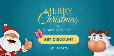 Merry Christmas and Happy New Year sale banner template. Background with realistic gift box, cute ox or bull and laughing Santa Claus. Vector illustration for get discount website horizontal headerのイラスト素材