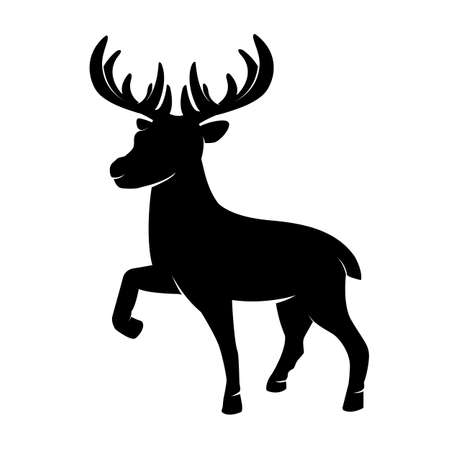 Black silhouette of Christmas horned reindeer in a minimal flat style. Vector illustration of a one single standing cute northern deer mammal animal mascot character isolated on white backgroundのイラスト素材