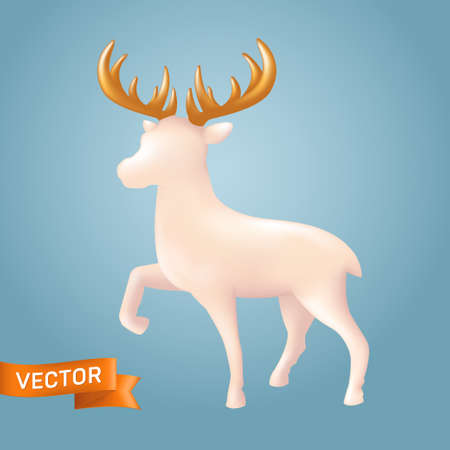 Christmas white reindeer in a realistic ceramic style. Vector illustration of Xmas porcelain decorative toy figure of a reindeer with golden horns isolated on a blue backgroundのイラスト素材