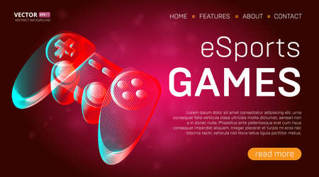 Esports games landing page template with a gamepad or retro game console controller banner. Outline vector illustration of wireless video game joystick in 3d line art style on abstract backgroundのイラスト素材