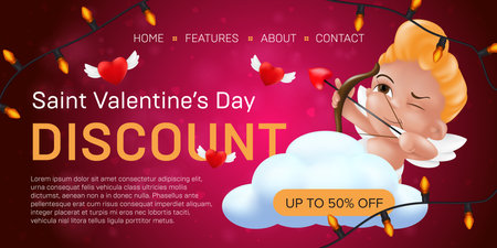 Saint Valentine's day discount landing page template or advertising special offer banner design. Vector illustration of aiming and smiling little cupid.のイラスト素材