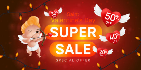 Saint Valentine's day special offer horizontal flyer template or advertising super sale banner design. Vector illustration of aiming cupid.のイラスト素材