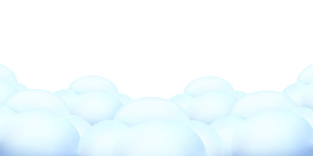 Blue cloudscape scene or cloudy weather sky panorama. Vector illustration of cartoon fluffy clouds isolated on a white background. Heavens backdropのイラスト素材
