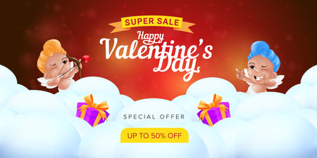 Happy Valentine's day special offer landing page template or super sale promotion banner. Vector illustration of smiling and aiming little cupids with bow and heart shaped arrow on cloudy backgroundのイラスト素材