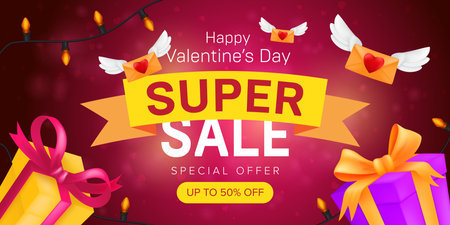 Happy Valentine's day special offer horizontal flyer template or advertising super sale banner design. Vector illustration of flying envelopes and gift boxes with ribbons.のイラスト素材