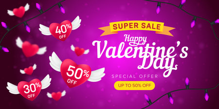 Happy Valentine's day special offer horizontal flyer template or advertising super sale banner. Vector illustration of flying red hearts with percents.のイラスト素材