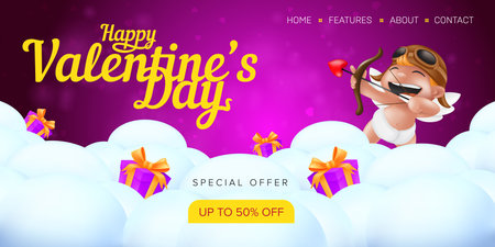 Happy Valentine's day special offer landing page template or advertising sale banner. Vector illustration of smiling and aiming cupid angel with a bow and a heart shaped arrow.のイラスト素材