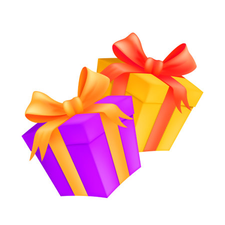 Two gift boxes with golden and red ribbons and bows. Vector illustration of wrapped carton presents isolated on white backgroundのイラスト素材