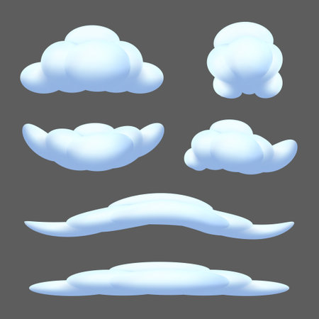 Set of different shapes of cartoon clouds. Vector illustration of blue fluffy bubbles isolated on a gray backgroundのイラスト素材