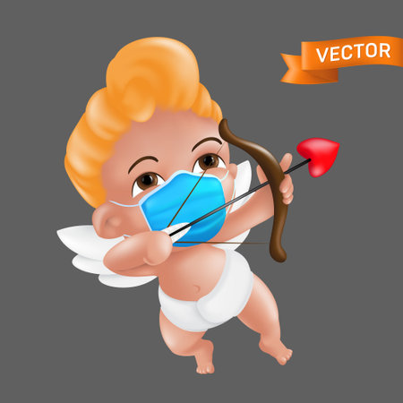Shooting and aiming little cupid character with a bow and a heart shaped arrow. Vector illustration of a baby cherub mascot wearing a protective face mask and a diaper isolated on a gray backgroundのイラスト素材