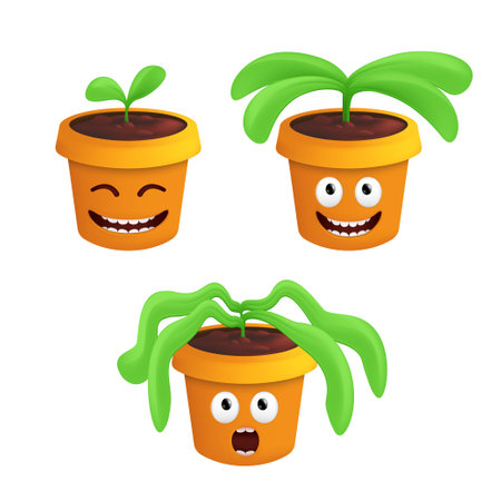 Stages of growth and wilting of a potted houseplant. Vector illustration with different flowerpot emotions isolated on white backgroundのイラスト素材