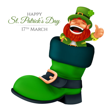 Cute bearded leprechaun peeking from the boot and showing thumbs up. Vector illustration of laughing dwarf mascot for Saint Patrick's Day isolated on a white backgroundのイラスト素材