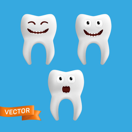 A set of cute tooth characters with different facial expressions. Vector collection of tooth emojis isolated on a blue background. Funny icons for children designのイラスト素材