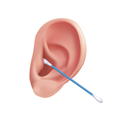 Hygiene of the ear canal with a cotton swab. Vector realistic illustration of cleaning the human ear from earwax close up isolated on a white backgroundのイラスト素材
