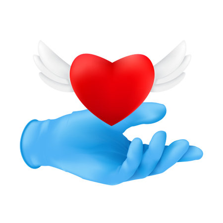 A human hand wearing blue protective surgical glove with a flying red heart with angel wings. Vector illustration of donating or charity concept isolated on a white backgroundのイラスト素材