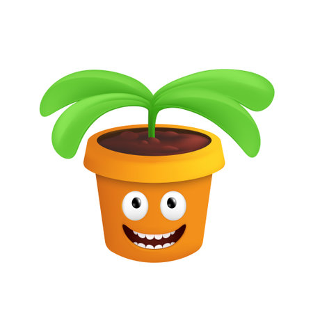 A growing plant in a pot. Vector illustration of a happy and smiling flowerpot with a joyful emotion isolated on a white backgroundのイラスト素材