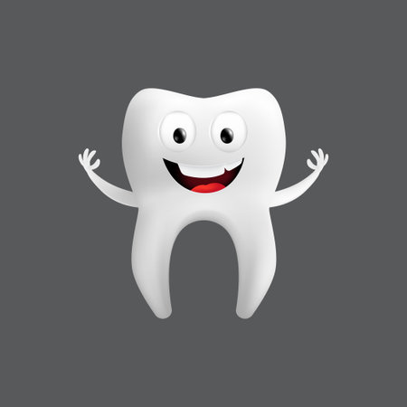 Smiling tooth with arms. Cute character with facial expression. Funny icon for children's design. 3d realistic vector illustration of a dental ceramic model isolated on a gray backgroundのイラスト素材