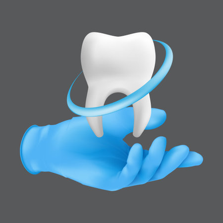 Dentist hand wearing blue protective surgical glove holding a ceramic model of the tooth. 3d realistic vector illustration of teeth whitening concept isolated on a gray backgroundのイラスト素材