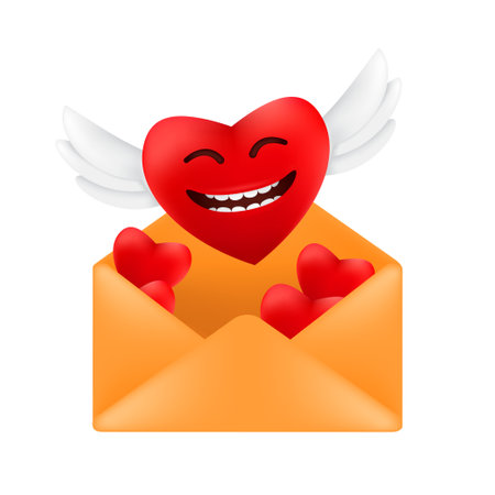 Cute flying heart with angel wings out of an envelope. Vector illustration of a red heart with funny facial emotion to Valentine's day isolated on a white backgroundのイラスト素材
