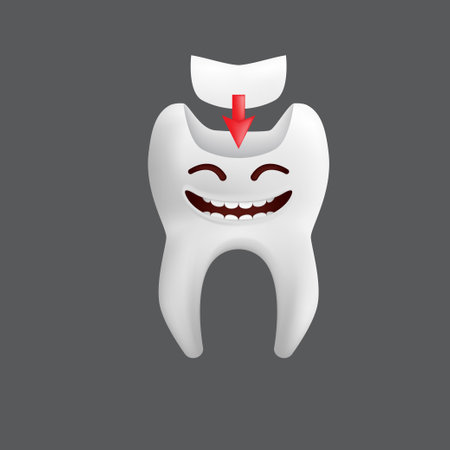 Smiling tooth with a filling. Cute character with facial expression. Funny icon for children's design. 3d realistic vector illustration of a dental ceramic model isolated on a gray backgroundのイラスト素材