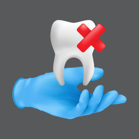Dentist hand wearing blue protective surgical glove holding a ceramic model of the tooth. 3d realistic vector illustration of teeth extraction concept isolated on a gray backgroundのイラスト素材
