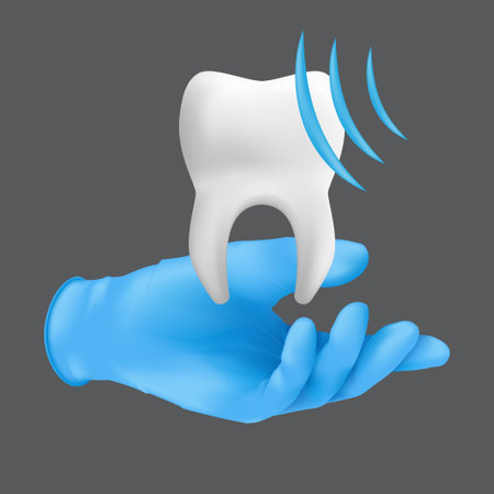 Dentist hand wearing blue protective surgical glove holding a ceramic model of the tooth. 3d realistic vector illustration of professional dental cleaning concept isolated on a gray backgroundのイラスト素材