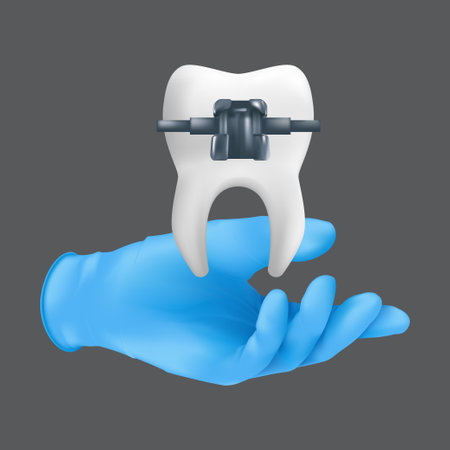 Dentist hand wearing blue surgical glove holding a ceramic model of the tooth with metal brace. 3d realistic vector illustration of an orthodontic treatment concept isolated on a gray backgroundのイラスト素材