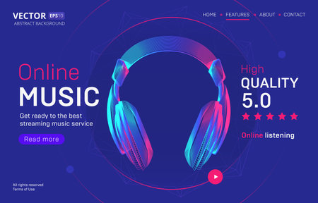 Online music streaming service landing page template with a high-quality rating. Abstract outlined vector illustration of wireless headphones silhouette in 3d neon line art styleのイラスト素材