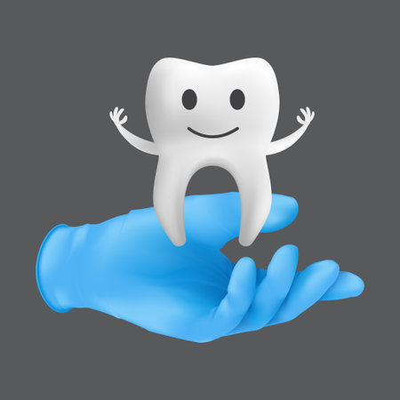 Dentist hand wearing blue protective surgical glove holding a ceramic model of the tooth. 3d realistic vector illustration of children's dentistry concept isolated on a gray backgroundのイラスト素材