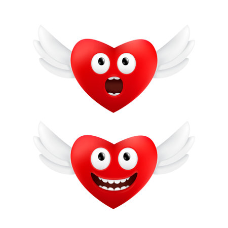 Cute flying hearts with funny facial emotions to Valentine's Day. Vector set of two red hearts with angel wings isolated on a white backgroundのイラスト素材