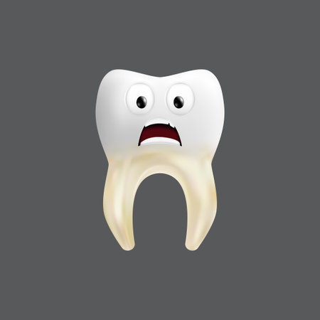 Scared tooth with a tissue grafting. Cute character with facial expression. Funny icon for children's design. 3d realistic vector illustration of a dental ceramic model isolated on a gray backgroundのイラスト素材