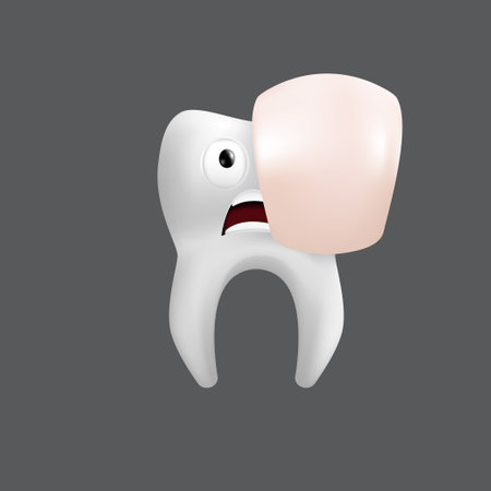 Scared tooth with a porcelain veneer. Cute character with facial expression. Funny icon for children's design. 3d realistic vector illustration of a dental ceramic model isolated on a gray backgroundのイラスト素材