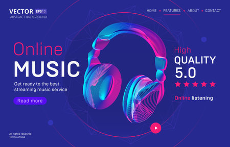Online music streaming service landing page template with a high-quality rating. Abstract outlined vector illustration of wireless headphones silhouette in 3d neon line art styleのイラスト素材
