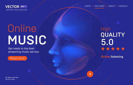 Online music streaming service landing page template with a high-quality rating. Abstract outlined vector illustration of a cyber human or android head silhouette in 3d neon line art styleのイラスト素材