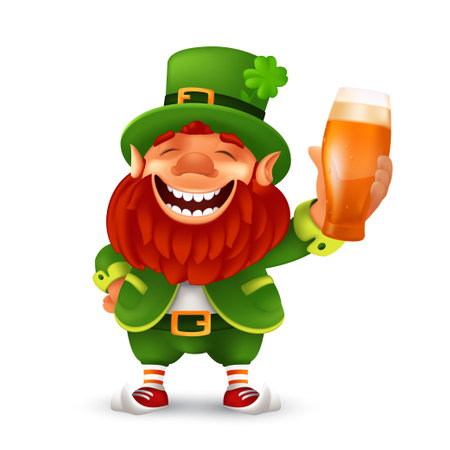 Funny laughing Leprechaun wearing cylinder with a shamrock flower and holding light beer glass. Vector mascot character illustration to Saint Patrick's Day celebrating isolated on a white backgroundのイラスト素材