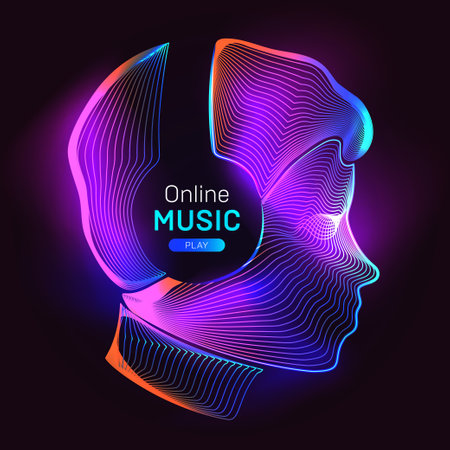 Online music play. Outline vector illustration of human silhouette with wireless headphones in 3d line art style on neon abstract backgroundのイラスト素材
