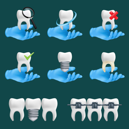 Dental icons vector set with different elements for various website services. 3d realistic illustration of a dentist's hands wearing blue protective surgical gloves holding a teeth ceramic modelsのイラスト素材