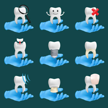 Realistic illustration of a dentist's hands wearing blue protective gloves holding a teeth ceramic modelsのイラスト素材