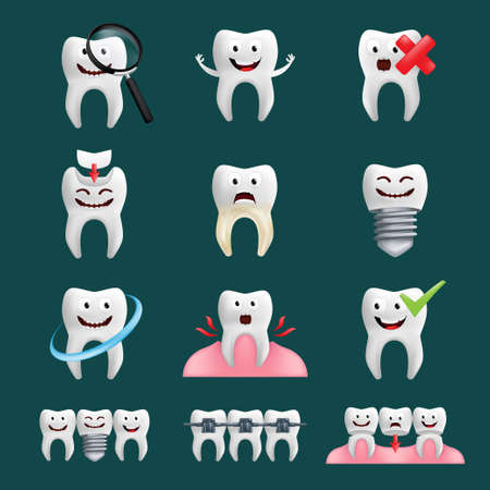 Smiling teeth vector set with different elements. Cute character with facial expression. Funny icons for children's design. 3d realistic vector illustration of emotional dental ceramic modelsのイラスト素材