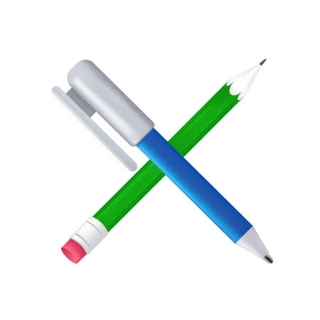 Blue pen and green pencil crossed. Crayon with an eraser and ballpoint pen icon. Vector illustration of stationery or office supplies isolated on a white backgroundのイラスト素材
